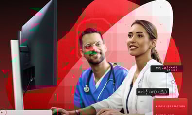 Male and female doctors sitting behind a desktop monitor with red and white flat graphics surrounding them.