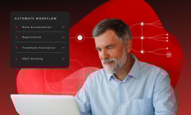 Man sitting behind laptop, with flat graphics surrounding him.