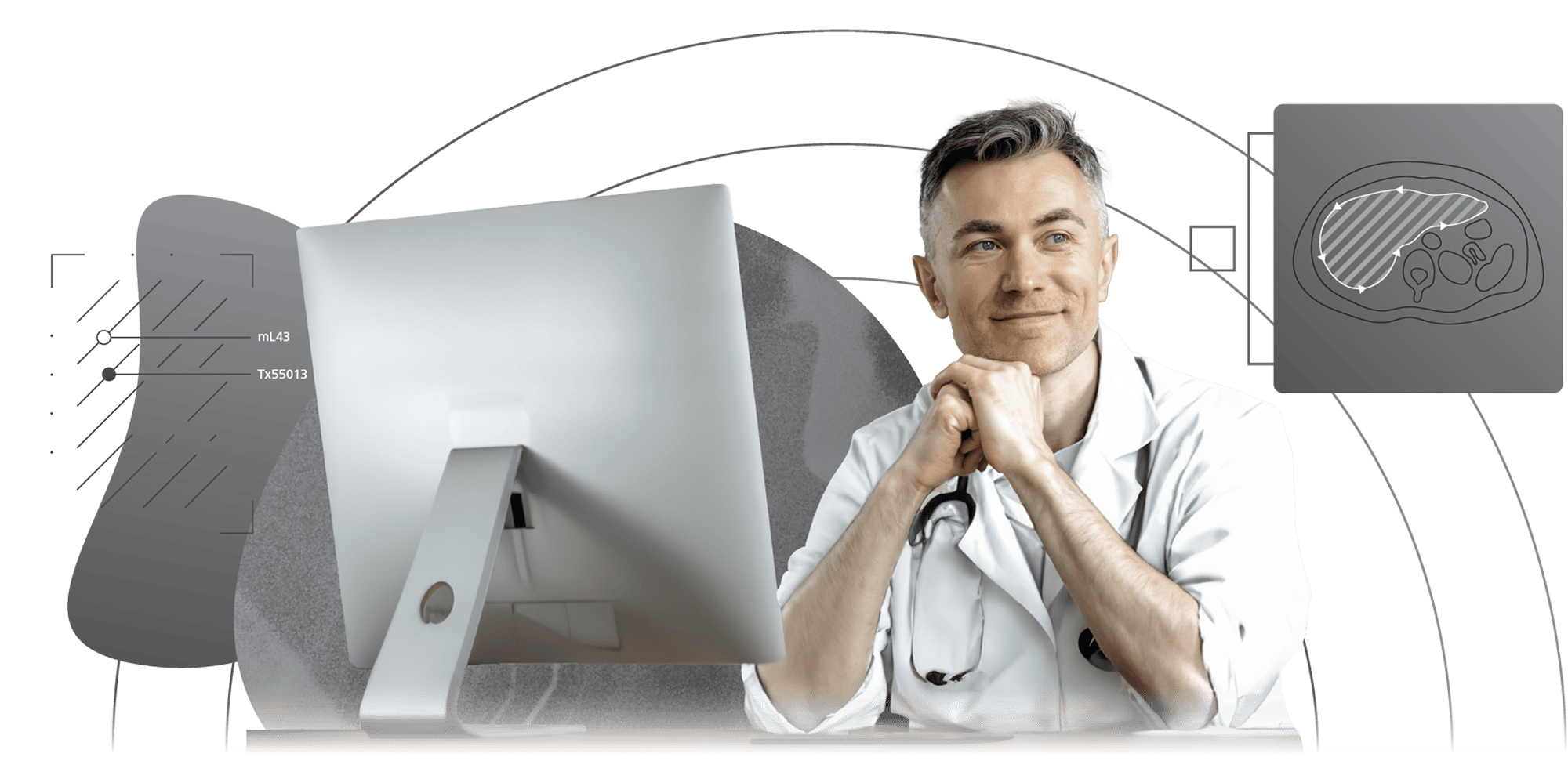 Male doctor sitting behind a computer. Grayscaled graphics around him.