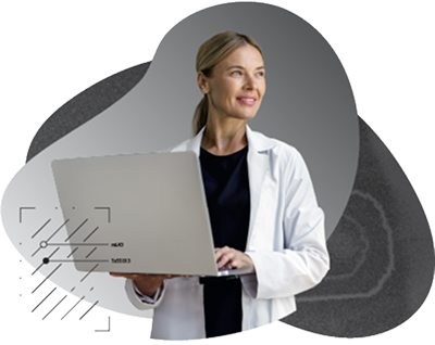 Female doctor standing, holding a laptop in her hand, looking to the right. Red organic shapes behind her. 