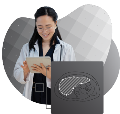 Smiling female doctor looking down at a digital tablet in her hands. Red organic shapes behind her. Red square graphic with medical drawing, in front of her. 