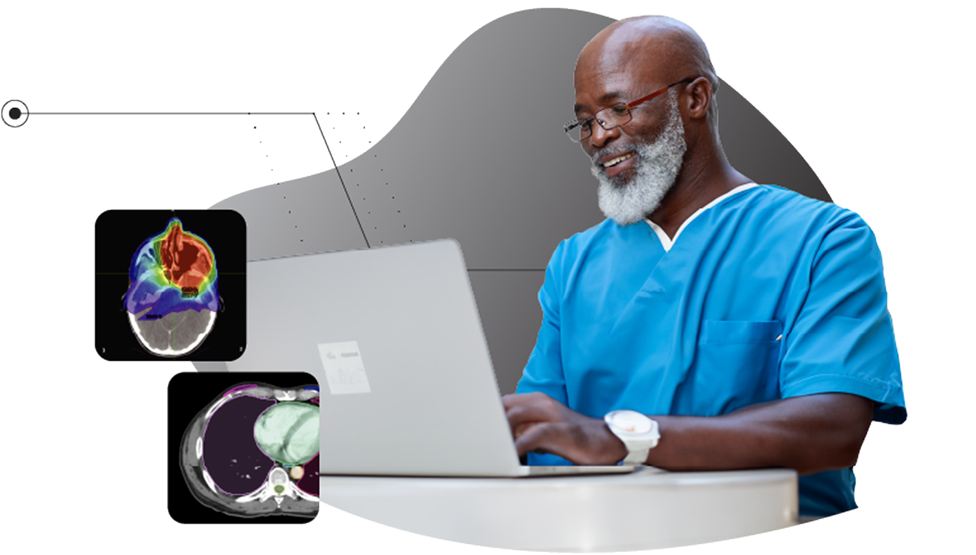 Male doctor using a laptop, red organic shape behind him.
