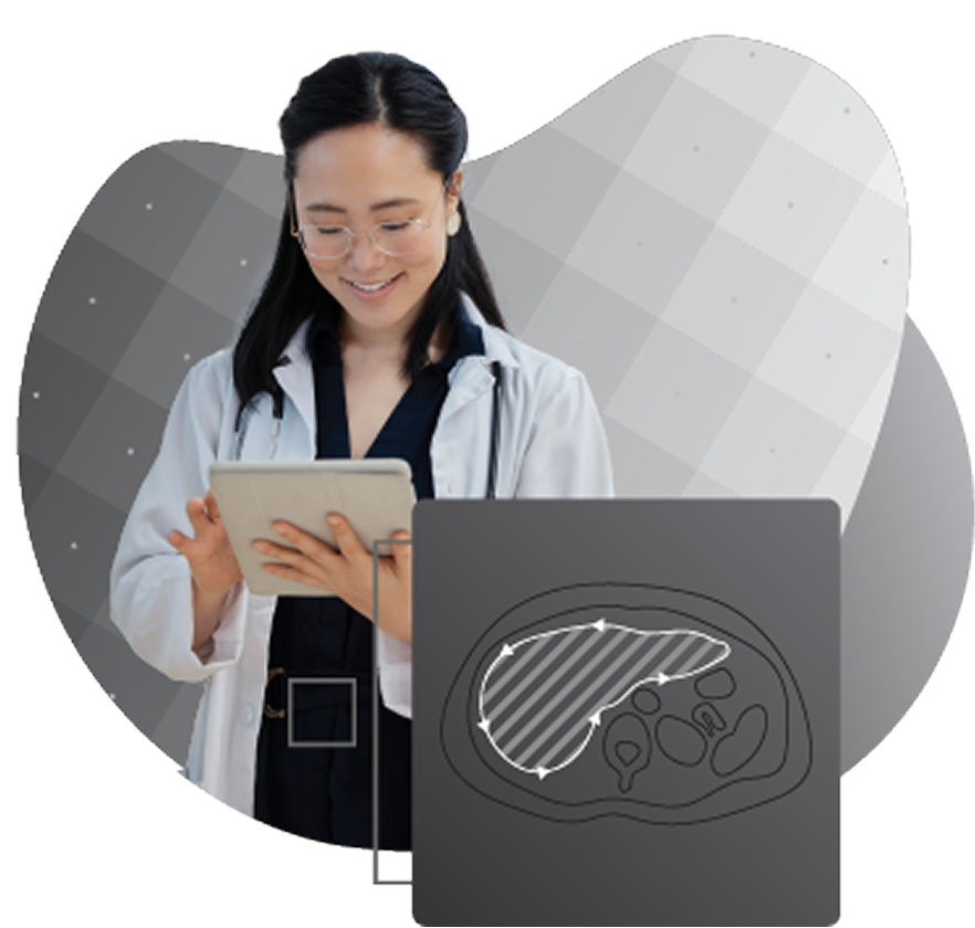 Smiling female doctor looking down at a digital tablet in her hands. Red organic shapes behind her. Red square graphic with medical drawing, in front of her. 